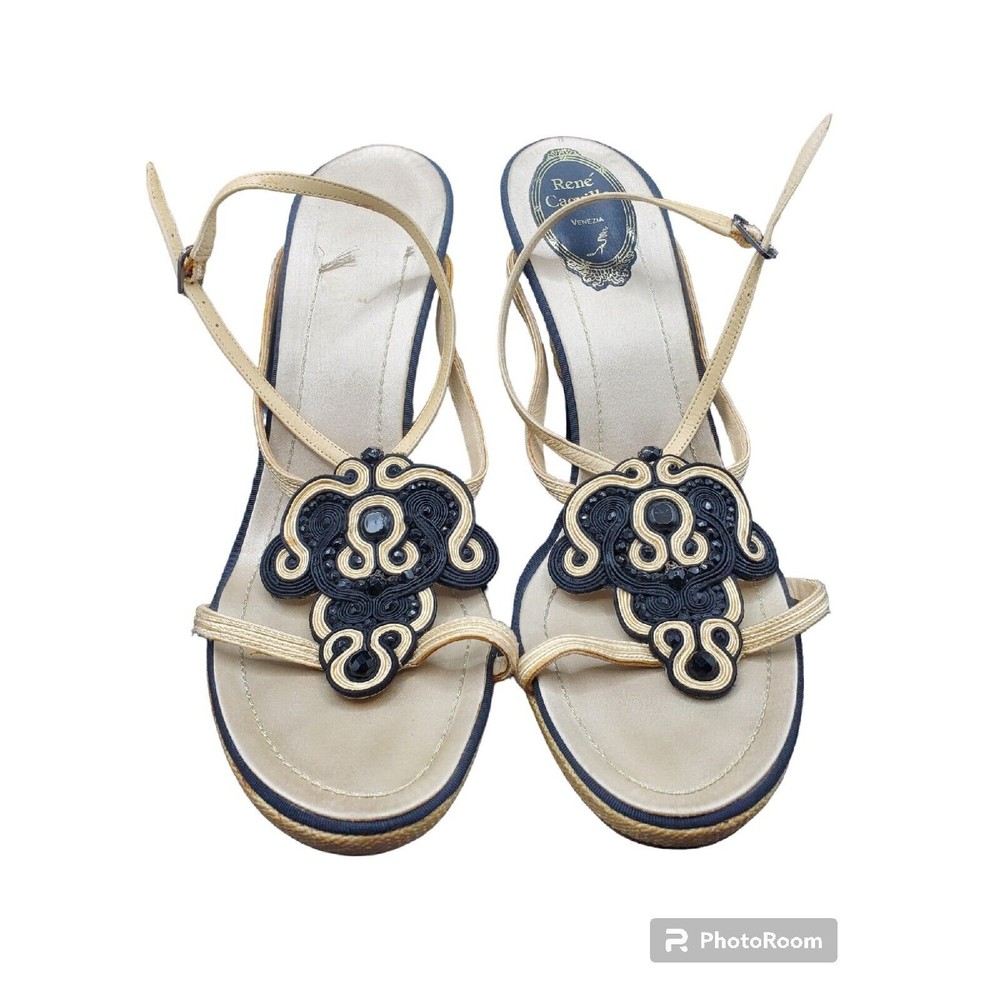 RENE CAOVILLA 40 9.5 Gold Braided Beaded Accents Strappy Stiletto Party Sandals